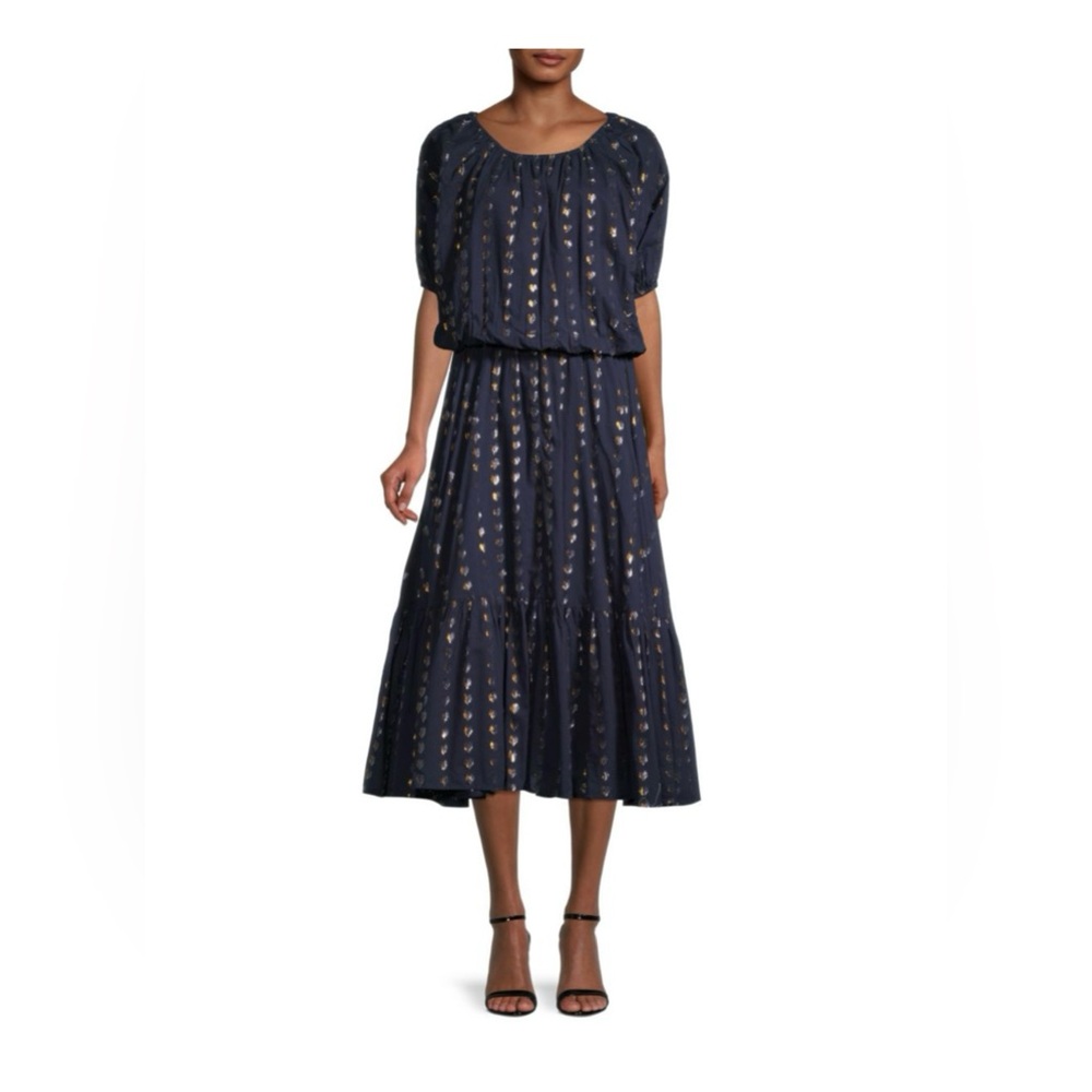 Rhode Frida Heart Fil-Coupé Cotton-Blend Navy Blue Metallic Midi Dress Large